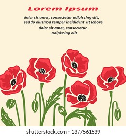 Bright doodle poppy flowers vector illustration. Remembrance day symbol.