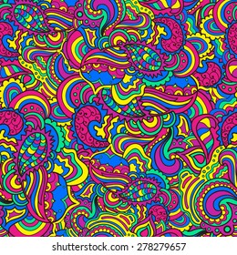 Bright doodle seamless background. Hand drawing doodle. Doodling pattern for print, wrapping, textile and other.