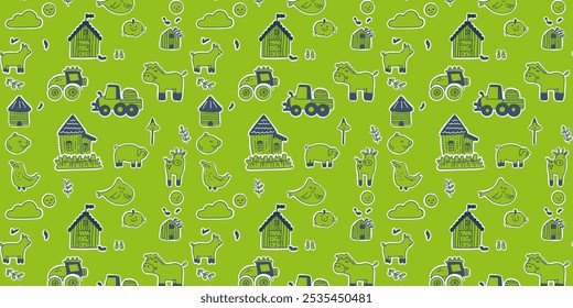 Brillante doodle sin patrón en un tema de granja con vacas, cerdos, pájaros y graneros en un colorido estilo de dibujos animados sobre un fondo verde claro