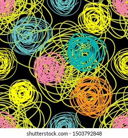 Bright Doodle Seamless Vector Pattern. Yellow, pink, orange, blue and black colors.