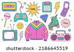 Bright doodle set of items from the nineties - retro cassette tape, sports jacket, tape recorder, roller skate, TV, joystick, floppy disk, cool and wow stickers, lightnings. Nostalgia for the 1990s.