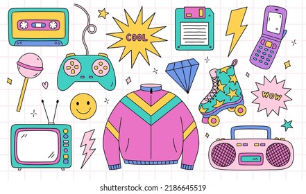 Bright doodle set of items from the nineties - retro cassette tape, sports jacket, tape recorder, roller skate, TV, joystick, floppy disk, cool and wow stickers, lightnings. Nostalgia for the 1990s. svg