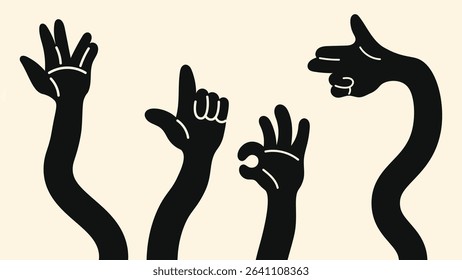 Bright doodle sticker pack with human hands – retro cartoon gestures like holding, pointing, snapping fingers and more fun poses