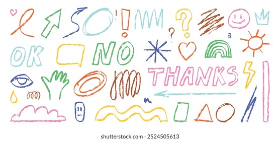 Bright doodles, inscriptions, various handwritten figures, arrows, strokes and scribbles in the style of pencil drawings. Colorful design elements.