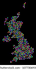 Bright Dot United Kingdom Map. Vector geographic map in bright colors on a dark background. Color vector mosaic of United Kingdom Map combined of regular circle pixels.