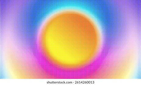 Bright dotted background with a central glowing orange and yellow circular gradient surrounded by  gradient of blue and pink.