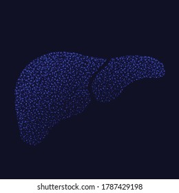 Bright dotted blue human liver silhouette isolated on dark background