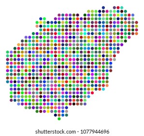 Bright Dotted Hainan Island Map. Vector geographic map in bright colors on a white background. Colorful vector mosaic of Hainan Island Map composed of regular round elements.