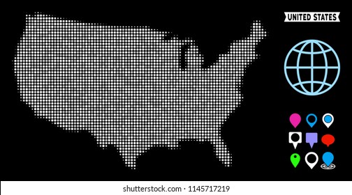 Bright dotted halftone USA map. Geographic map in bright color tints on a black background. Vector mosaic of USA map organized of circle elements.