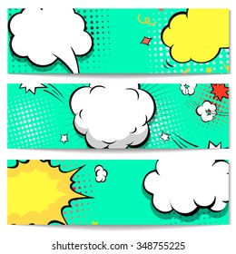 Bright dotted horizontal comic book style header or banner  set. Vector illustration