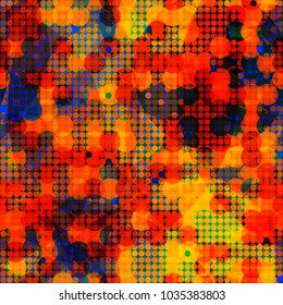 Bright dotted seamless texture. Blue, orange, yellow colors. Digital pattern. Abstract vector background for web page, banners backdrop, fabric, home decor, wrapping