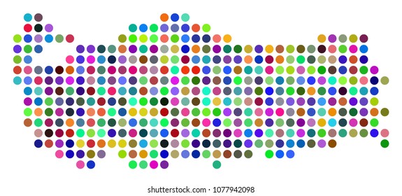 Bright Dotted Turkey Map. Vector geographic map in bright colors on a white background. Colorful vector composition of Turkey Map created of regular circle pixels.