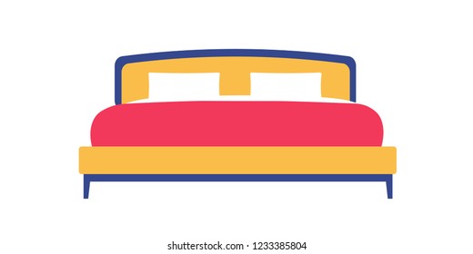 Bright double bed on a white background. Bedroom design. Vector flat illustration