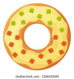 Helle Doughnut mit cremefarbenem Glas und Gummi. Kein Ernährungssymbol, ungesunde Nahrung, Naschnahrung, Zuckersnack, Extra-Kalorien-Konzept. Stock-Vektorgrafik einzeln auf weißem Hintergrund auf Cartoon