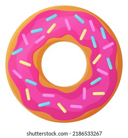 Bright doughnut with pink glaze and sprinkles. No diet day symbol, unhealthy food, sweet fastfood, sugar snack, extra calories concept. Stock vector illustration isolated on white background in cartoo