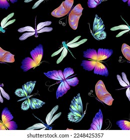 Bright dragonflies and butterflies.Vector pattern with bright fantasy dragonflies and butterflies on a black background.