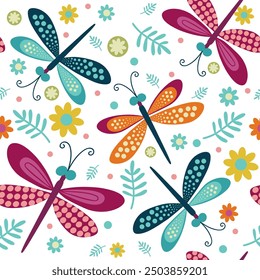 bright dragonflies on a background of flowers