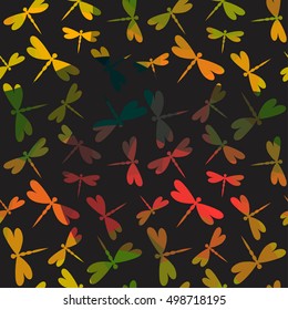 bright dragonflies pattern, seamless vector of isolated insects, dark background