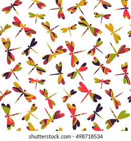 bright dragonflies pattern, seamless vector of isolated insects, white background