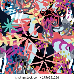 Bright Drawing Botanical Vector Seamless Pattern. Style Flower Collage. Orange and Magenta Hipster Print. Floral Artwork Illustration.