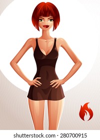 Bright drawing of gorgeous red haired sexy lady pointing finger at some empty space to side, isolated on white, female portrait. Vector illustration.