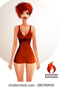 Bright drawing of gorgeous red haired sexy lady, isolated on white, female portrait. Vector illustration.