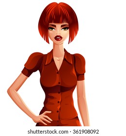 Bright drawing of gorgeous red-haired sexy Caucasian business lady isolated on white, female portrait. Stylish dressed lady holding her hand on waist, vector illustration.