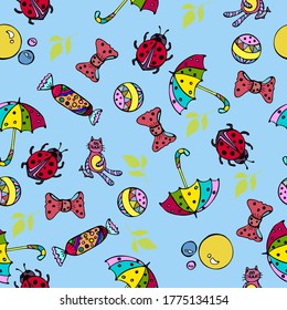 Bright drawing on a blue background. Seamless pattern with a pattern of umbrella, bow, candy, ladybug, leaf, cat. Printing on fabric, paper background