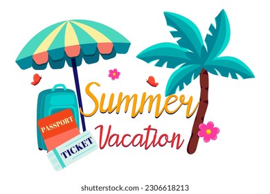 Bright drawings of summer objects, conveying the essence of summer vacation , luggage, documents, travel ticket, beach umbrella, lettering, vector
