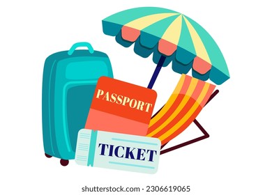 Bright drawings of summer objects, conveying the essence of summer vacation , luggage, documents, travel ticket, deckchair, beach umbrella, lettering, vector