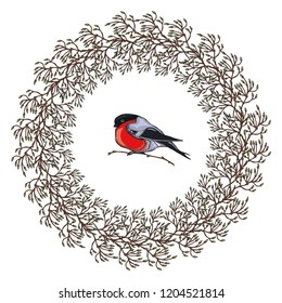 bright drawn christmas wreath with a bird