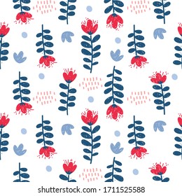 Bright drawn flowers, vertical orange lines, blue buds and circles, seamless pattern, ideal for drawing on fabric or wrapping paper