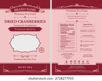 Diseño de empaque de arándanos secos brillantes con información nutricional y marca de refrigerios.