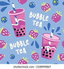 Bright drinks on a blue background. Seamless vector pattern illustration of bubble tea with tapioca balls and berry for coffee shop, print on the menu, icons for web design