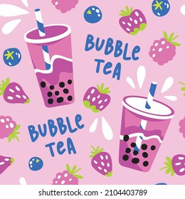 Bright drinks on a pink background. Seamless vector pattern illustration of bubble tea with tapioca balls and berry for coffee shop, print on the menu, icons for web design