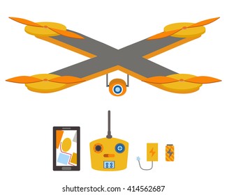 Bright drone, remote control, navigation system, battery and charger set. Innovation of a digital age.
