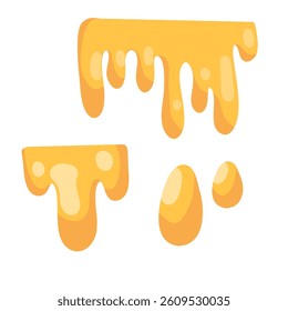 Bright drops and blots of honey. Vector illustration in cartoon style. Cute doodle icon for spring greeting card. Highlighted on a white background.
