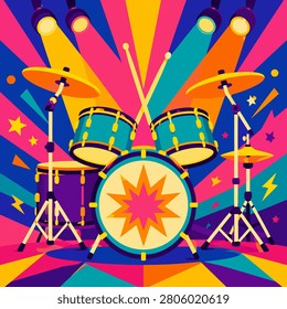 Bright drum kit vector illustration on a colorful concert stage.