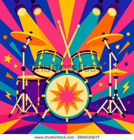 Bright drum kit vector illustration on a colorful concert stage.
