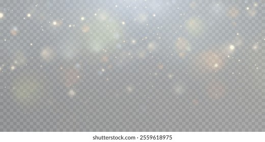 Bright dust of light bokeh and glitter. Festive glowing bokeh and sparkles overlay texture for your design on transparent background. White dust particles abstract vector background.	