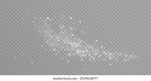 Bright dust of light bokeh and glitter. Festive glowing bokeh and sparkles overlay texture for your design on transparent background. White dust particles abstract vector background.	