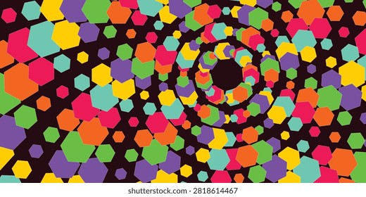 Bright and dynamic abstract pattern of hexagons in vivid colors swirling organically for modern graphic designs.