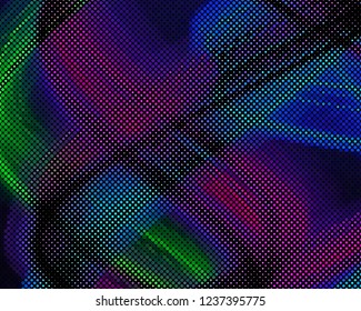 Bright dynamic background with wavy lines of circles, dots. Rounds of different scale neon color. Vector illustration