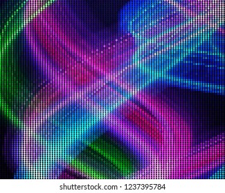 Bright dynamic background with wavy lines of circles, dots. Rounds of different scale neon color. Vector illustration