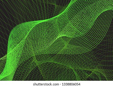 Bright dynamic background with wavy lines from circles, dots. Particles of different scale neon color on a dark background. Vector illustration of abstract technology background for your design.