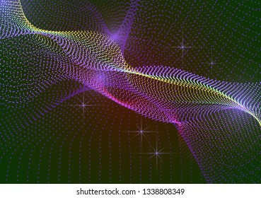 Bright dynamic background with wavy lines from circles, dots. Particles of different scale neon color on a dark background. Vector illustration of abstract technology background for your design.