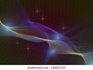 Bright dynamic background with wavy lines from circles, dots. Particles of different scale neon color on a dark background. Vector illustration of abstract technology background for your design.
