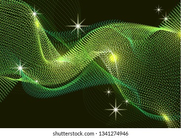 Bright dynamic background with wavy lines from circles, dots. Particles of different scale neon color on a dark background. Vector illustration of abstract technology background for your design.