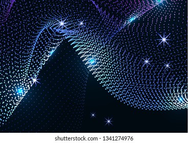 Bright dynamic background with wavy lines from circles, dots. Particles of different scale neon color on a dark background. Vector illustration of abstract technology background for your design.