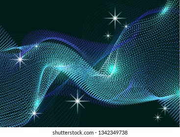 Bright dynamic background with wavy lines from circles, dots. Particles of different scale neon color on a dark background. Vector illustration of abstract technology background for your design.